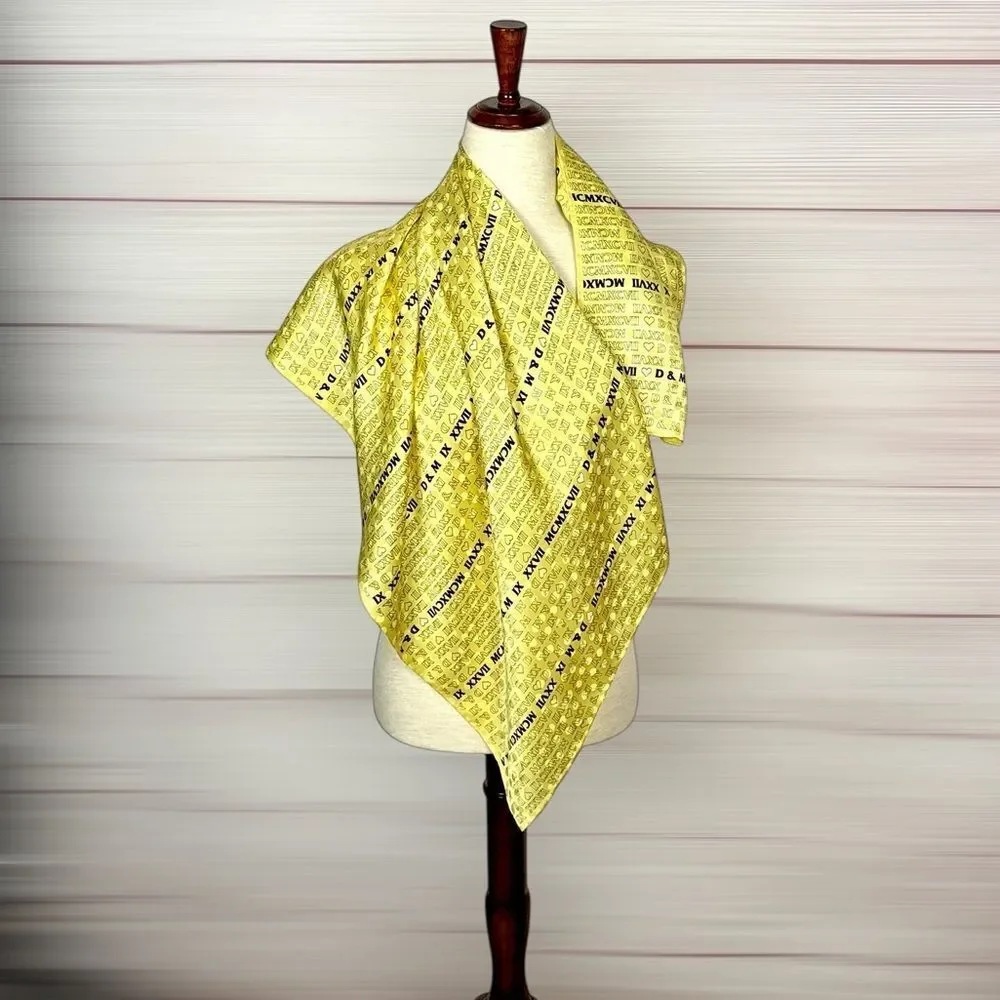 Yellow Silk Satin Scarf Roman Numerals and Initials Print Hand Rolled 34x34